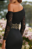 Black Sheath Lace One Shoulder Long Mother of the Bride Dress with Slit