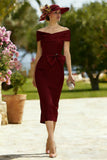 Burgundy Sheath Off the Shoulder Midi Mother of the Bride Dress with Bow