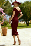 Burgundy Sheath Off the Shoulder Midi Mother of the Bride Dress with Bow