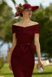 Burgundy Sheath Off the Shoulder Midi Mother of the Bride Dress with Bow