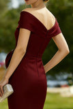 Burgundy Sheath Off the Shoulder Midi Mother of the Bride Dress with Bow