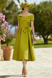 Lemon Green Off the Shoulder A Line Midi Mother of the Bride Dress with Bow
