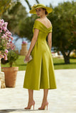 Lemon Green Off the Shoulder A Line Midi Mother of the Bride Dress with Bow