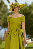 Lemon Green Off the Shoulder A Line Midi Mother of the Bride Dress with Bow