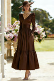 Brown V-Neck A Line Mother of the Bride Dress with Long Sleeves