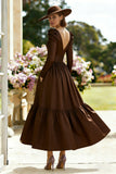 Brown V-Neck A Line Mother of the Bride Dress with Long Sleeves