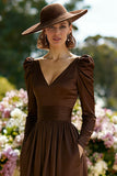 Brown V-Neck A Line Mother of the Bride Dress with Long Sleeves