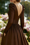 Brown V-Neck A Line Mother of the Bride Dress with Long Sleeves
