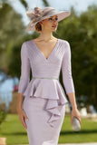 Vintage Mauve Sheath Beaded V-Neck Ruched Mother of the Bride Dress with Ruffles