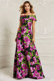 Off the Shoulder Black Flowers A Line Long Mother of the Bride Dress