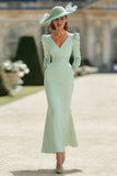 Mermaid Mint Green V-Neck Long Mother of the Bride Dress with Sleeves