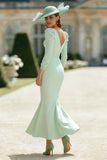 Mermaid Mint Green V-Neck Long Mother of the Bride Dress with Sleeves