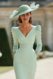 Mermaid Mint Green V-Neck Long Mother of the Bride Dress with Sleeves