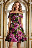 Black Flower Off the Shoulder A Line Mini Wedding Guest Dress