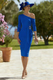 Sheath Royal Blue One Shoulder Midi Mother of the Bride Dress with Sleeves