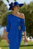 Sheath Royal Blue One Shoulder Midi Mother of the Bride Dress with Sleeves