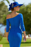 Sheath Royal Blue One Shoulder Midi Mother of the Bride Dress with Sleeves