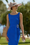 Royal Blue Scoop Neck Sheath Midi Mother of the Bride Dress with Belt