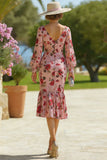 Dusty Rose Floral Mermaid Mother of the Bride Dress with Long Sleeves