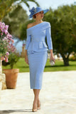Sky Blue One Shoulder Pencil Ruffled Midi Mother of the Bride Dress with Slit