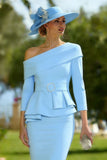 Sky Blue One Shoulder Pencil Ruffled Midi Mother of the Bride Dress with Slit