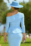 Sky Blue One Shoulder Pencil Ruffled Midi Mother of the Bride Dress with Slit