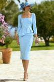Sky Blue Pencil Square Neck Ruffled Midi Mother of the Bride Dress with Slit