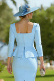Sky Blue Pencil Square Neck Ruffled Midi Mother of the Bride Dress with Slit