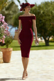 Cabernet Sheath Off the Shoulder Midi Mother of the Bride Dress
