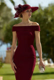 Cabernet Sheath Off the Shoulder Midi Mother of the Bride Dress