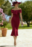 Burgundy Mermaid Off the Shoulder Midi Mother of the Bride Dress
