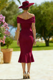 Burgundy Mermaid Off the Shoulder Midi Mother of the Bride Dress