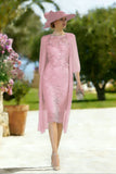 Light Blue Appliqued Illusion Neck 2-Piece Midi Mother of the Bride Dress