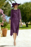 Light Blue Appliqued Illusion Neck 2-Piece Midi Mother of the Bride Dress