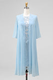 Light Blue Appliqued Illusion Neck 2-Piece Midi Mother of the Bride Dress