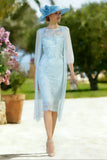 Light Blue Appliqued Illusion Neck 2-Piece Midi Mother of the Bride Dress