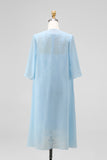 Light Blue Appliqued Illusion Neck 2-Piece Midi Mother of the Bride Dress