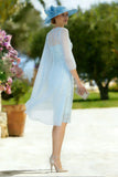 Light Blue Appliqued Illusion Neck 2-Piece Midi Mother of the Bride Dress