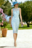 Light Blue Appliqued Illusion Neck 2-Piece Midi Mother of the Bride Dress