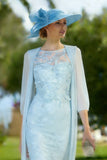 Light Blue Appliqued Illusion Neck 2-Piece Midi Mother of the Bride Dress