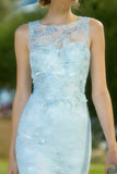 Light Blue Appliqued Illusion Neck 2-Piece Midi Mother of the Bride Dress