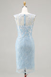 Light Blue Appliqued Illusion Neck 2-Piece Midi Mother of the Bride Dress