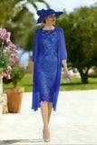 Light Blue Appliqued Illusion Neck 2-Piece Midi Mother of the Bride Dress