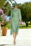Light Blue Appliqued Illusion Neck 2-Piece Midi Mother of the Bride Dress
