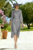 Light Blue Appliqued Illusion Neck 2-Piece Midi Mother of the Bride Dress