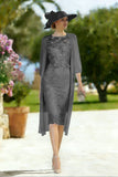 Light Blue Appliqued Illusion Neck 2-Piece Midi Mother of the Bride Dress