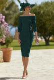 Pine Off the Shoulder Midi Mother of the Bride Dress with Belt