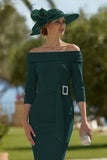 Pine Off the Shoulder Midi Mother of the Bride Dress with Belt