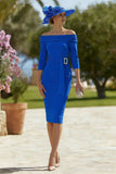Pine Off the Shoulder Midi Mother of the Bride Dress with Belt