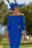 Pine Off the Shoulder Midi Mother of the Bride Dress with Belt